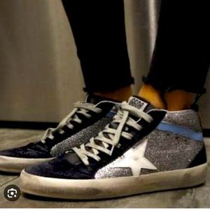 GOLDEN GOOSE Midstar Suede Silver & Black glitter sneakers - Size 7 💙